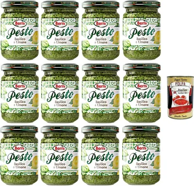 Produktbild von Berni Pesto Basilico e Limone Basilikum-Zitronen-Pesto 12x135gr + Italian Gourmet polpa 400g