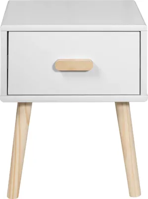 A white nightstand with a single drawer and wooden legs, shown against a white background.