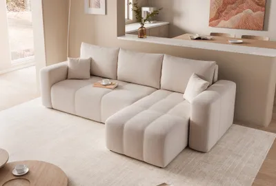 Produktbild von Moderne Ecksofa mit Schlaffunktion PEDRO mit L-förmigen Steppungen Couchgarnitur Wohnzimmer Beige Universal Couch moderdnen Sofa Bettcouch Manila 02