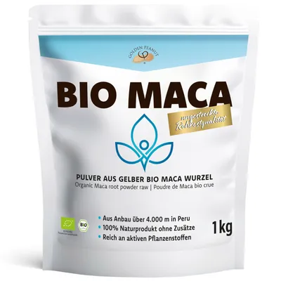 Produktbild von GOLDEN PEANUT Maca Pulver 1 kg, Bio Maca aus Peru, abgefüllt in Deutschland, Rohkost ohne Zusätze, gelbe Macawurzel