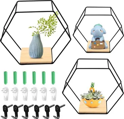 Productafbeelding van Famanu Wandplanken, zeshoekige planken, set van 3 - metaal, zwart