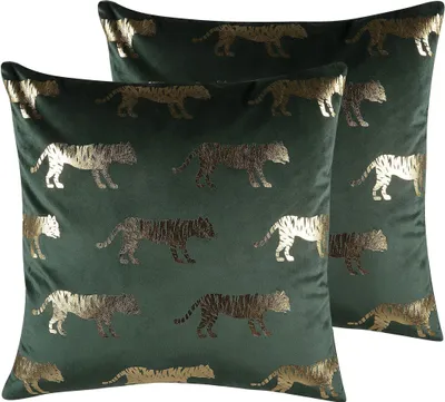 Zdjęcie produktu dla BELIANI Zestaw 2 poduszek zielony welurowy złoty nadruk w tygrysy 45 x 45 cm z wypełnieniem ozdobna akcesoria salon sypialnia