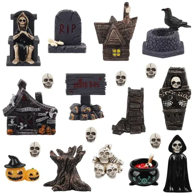 21-teiliges Halloween-Miniatur-Set aus Harz, Grabsteine, Skelett, Kürbis
