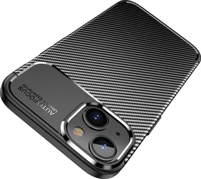 A black carbon fiber textured phone case with a camera cutout is shown against a white background.