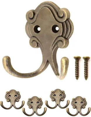 Produktbild von Unyqoos® 4er-Set Wandhaken aus Gusseisen – Messing-Antik-Optik, Doppelhaken für Kleidung & Handtücher, vintage Garderoben- & Badhaken