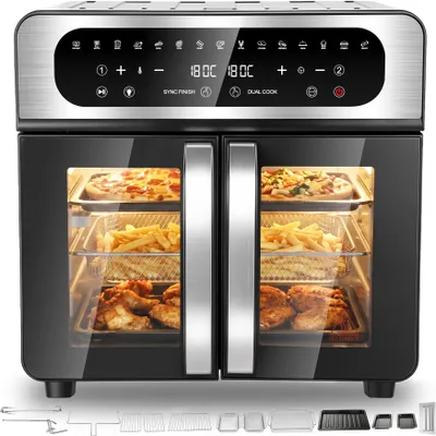 Produktbild von 23L Heißluftfritteuse XXL, Mini Backofen 1/2-Zone Garen, Temp Separat, Französische Türen 15-in-1 Sichtfenster Integriertes Licht, Airfryer 2 Kammern