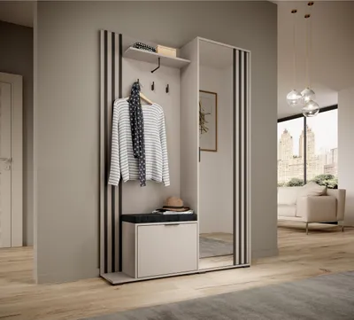 Produktbild von Garderobenset Flur mit Kleiderschrank und Spiegel ELIA Flurgarderobe mit Spiegel und Schuhschrank Garderoben-Set mit Kleiderhaken, Farbe: Artisan-Eiche mit Sitzkissen