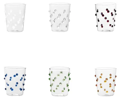 Immagine prodotto di Zafferano Set 6 Bicchieri Party Tumbler Junior in Vetro Borosilicato Colorati con Decorazione a Pois Vivace per Servizio Liquori o Salse Eleganti