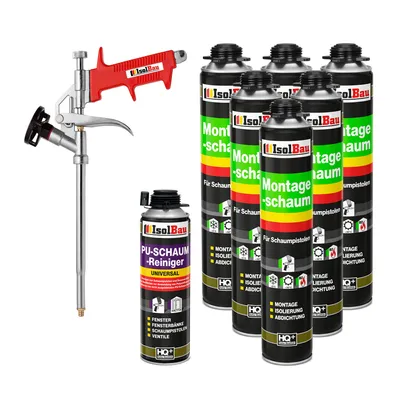 Produktbild von Isolbau Bauschaum-Set - Inkl. 6x 1K Montageschaum Pistolenschaum (je 750 ml), 1x Schaum-Pistole & 1xPU-Schaum-Reiniger (500 ml)