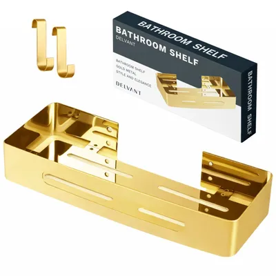 Produktbild von Delvant Badezimmerregal Gold Duschregal Wandregal Metall Loft mit Haken 31 cm Bad Organizer modern feuchtigkeitsbeständig rostfrei