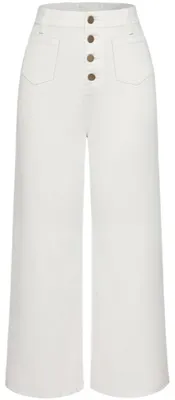 Productafbeelding van Damen Vintage Jeans, hoge taille, elegante, lange pasvorm, bund, 4 knopen, wit, maat L