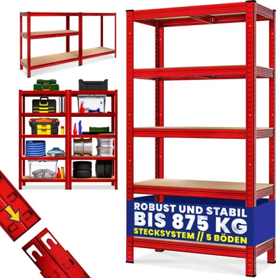 Produktbild von MONZANA® Schwerlastregal 180x90x40cm 875kg rot 5 MDF-Platten Lagerregal Kellerregal Steckregal Werkstattregal