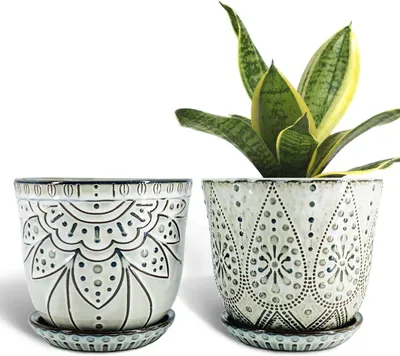 Immagine prodotto di Vasi in Vetroceramica per piante, set da 2, 15 cm, con foro di drenaggio e sottovaso