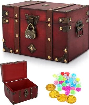 A decorative wooden treasure chest with a combination lock, an open smaller chest, and a pile of colorful gems and gold coins.