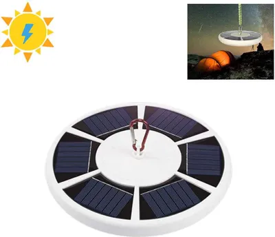 A solar-powered flag pole light is shown against a white background. A smaller inset image shows the light in use at a campsite.