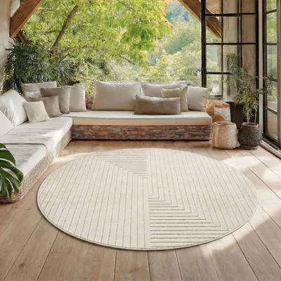 Image de Homebyhome Tapis d’Extérieur Design Boho Moderne Effet 3D Résistant aux UV Idéal pour Terrasse Salon et Cuisine, Taille: 200 cm Rond
