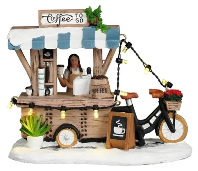 Produktbild von Luville Weihnachtsdorf Miniatur Coffee to go - Kaffeestand mit Verkäuferin für Weihnachten - Beleuchtete Weihnachtsdeko mit Warmweißem Licht - Weihnachtsschmuck für Dorf - L13,5 x B8 x H11 cm