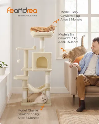 A cat tree with multiple levels and a hammock, with three cats and a person in a living room setting.
