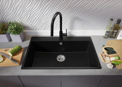 Produktbild von PRIMAGRAN Spülbecken Alles Schwarz 78x50cm, Granitspüle 1 Becken + Ablauf-Set, Küchenspüle ab 80er Unterschrank - Riga