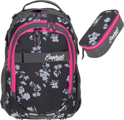 Produktbild von Schulrucksack Set 2 Teile Elephant Hero Signature Rucksack Schultasche Mädchen Mäppchen Box 12837 Grey Flower Blumen Pink Zip r mb