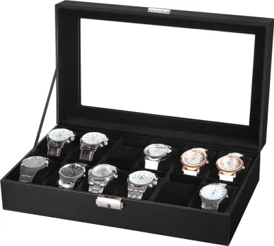 Produktbild von SONGMICS Uhrenbox mit 12 Fächern abschließbarer Uhrenkasten mit Glasdeckel, Uhrenkoffer mit abnehmbaren Uhrenkissen, aus Kunstleder, schwarz JWB12B