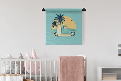 Produktbild von MuchoWow® Wandteppich Wandbehang Auto - Sonne - Surfbrett - Zeichnung 60x60 cm Tapisserie Dekoration Wandtuch - Dekorationen - Wand Decke