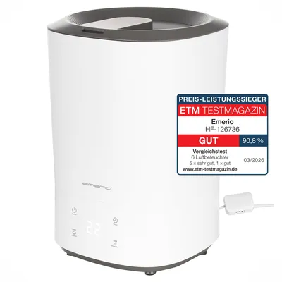 Produktbild von Emerio Luftbefeuchter – Humidifier – 35 dB – 5,5 L – Top-Fill-Befüllung – bis 30 m² – Ultraschall – Aromafunktion – Digitales Display – HF-126736