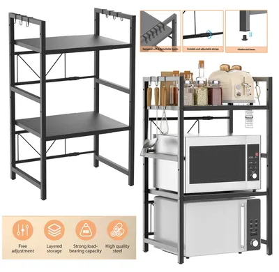 Immagine prodotto di Ripiano per microonde - Scaffale da cucina - 3 livelli - Acciaio robusto - Estensibile - 6 ganci - Nero