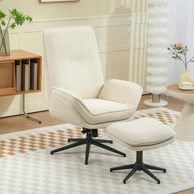 Produktbild von Relaxsessel mit Hocker, drehbar 360° Polyester Hochlehner, Fernsehsessel Liegesessel, Beige | 83 x 72 x 107 cm | 130° neigbar | 15 kg