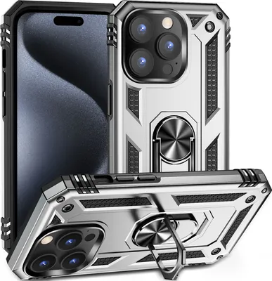 Produktbild von Schutzhülle für iPhone 15 Pro, Dual Layer Militäre Fallschutz Hülle mit Ringhalterung Ständer für iPhone 15 Pro Silber
