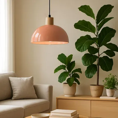 Produktbild von Opviq, Moderne Pendelleuchte in Lachsfarbe, Metallkörper, Höhenverstellbar 55-100 cm, Ø25 cm, E27 Fassung, IP20, Ideal für skandinavische Wohnräume, Elegantes Design.