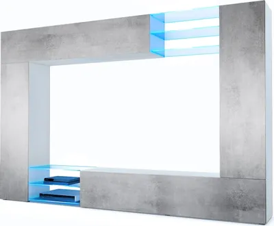 Produktbild von Vladon Wohnwand Mirage, Germany, Anbauwand mit Rückwand mit 2 Türen, 2 Klappen und 6 offenen Glasablagen, Weiß matt/Beton Oxid-Optik, inkl. LED-Beleuchtung (262 x 183 x 39 cm)