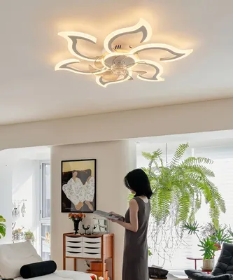 Image de Ventilateur de plafond en forme de fleur - Blanc - 88 cm - 6 vitesses - LED à intensité variable et télécommande