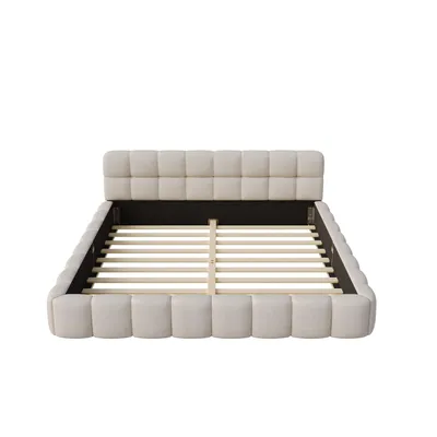 Produktbild von INONEFT Polsterbett Bubble Bett 140x200cm, Doppelbett mit Lattenrost, Jugendbett mit gepolstertem Kopfteil und  Rückenlehne, Leinen, Beige