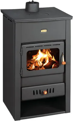 A dark gray cast iron wood-burning stove with a fire burning inside the glass-fronted firebox.