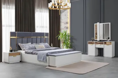 Image de Ensemble complet de chambre à coucher comprenant un lit, deux tables de chevet et une coiffeuse
