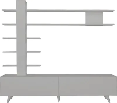 A white media console with an integrated shelving unit.