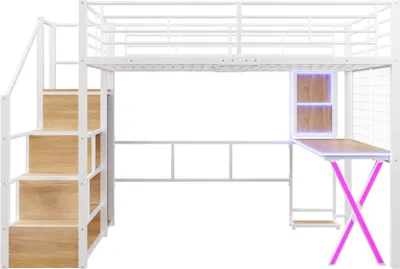 Produktbild von Hochbett 140x200cm Ohne Matratze Weiss LED-Leuchten Ablageleiter Schreibtisch Kleiderschrank Regale Hochbett Gaestebett