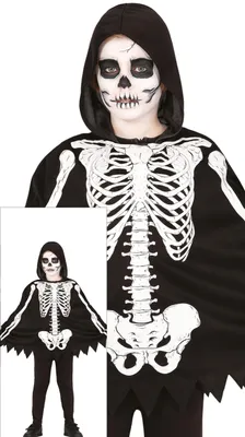 Imagen del producto de Poncho de esqueleto, disfraz terrorífico, con capucha, ideal para Halloween, atuendo de horror, disfraz espeluznante, para fiestas infantiles, color: negro y blanco, talla: 128/134