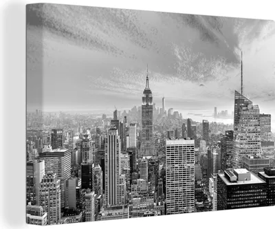 Produktbild von MuchoWow® - Leinwandbilder - New Yorker Skyline bei Sonnenuntergang - schwarz und weiß, Wandbild, Wanddeko Bilder Wohnzimmer, 120x80 cm