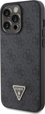 A black phone case with a textured finish and a triangular Guess logo.