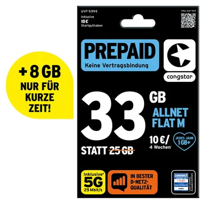 Produktbild von congstar Prepaid Allnet M: 33 statt 25 GB Datenvolumen & Flatrate für Telefonie und SMS, 5G-Speed, EU-Roaming
