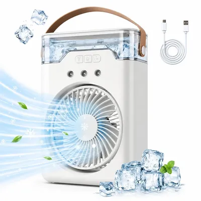 Produktbild von Mini Ventilator mit Sprühfunktion, wiederaufladbarer Tischventilator mit LED Nachtlicht, 5 Geschwindigkeiten, leise Luftkühler für Büro, Schlafzimmer & Camping