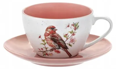 Zdjęcie produktu dla Filiżanka 300ml z motywem Ptaków Polski Dziwonia i kwiatów porcelana 1 szt.