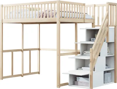 Produktbild von Hochbett 140x200cm Ohne Matratze Mit Sicherheitsaufbewahrungsleiter Sicherheitsumrandung Massives Kiefernholz Kinderbett Original Holzfarbe