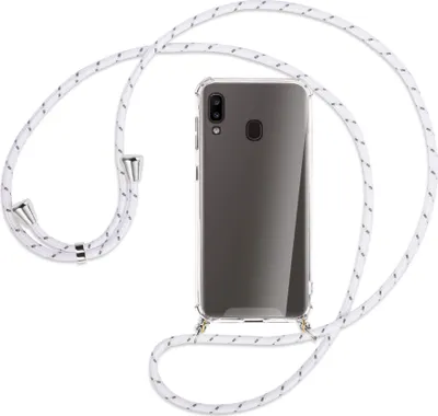 Produktbild von Handykette Backcover-Schutzhülle mit Band (Metall silberfarben) für Samsung Galaxy A20e - weiß/grau