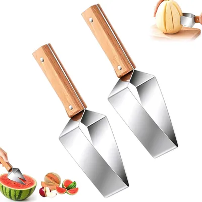 Produktbild von 2 Stück Melonenschneider, dreieckiger Wassermelonenschneider mit Holzgriff aus Edelstahl für die Küche und das Picknick