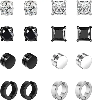 Produktbild von 8 Paar Edelstahl Magnet Ohrringe für Herren Damen Mädchen Creolen CZ Magnet Nicht Durchdringende Clip Magnet Ohrstecker Clips  Tunnel Ohrclips Non Piercing Ohrringe Set Schwarz
