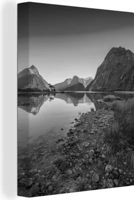 Produktbild von MuchoWow® - Leinwandbilder - Neuseeland - Berg - Schwarz - Weiß, Wandbild, Wanddeko Bilder Wohnzimmer, 30x40cm