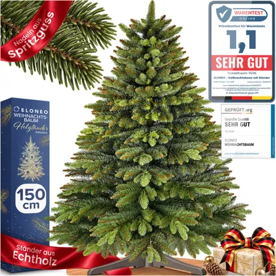 Imagen del producto de Árbol de Navidad artificial ELONEO – Abeto de aspecto natural con base de madera, 150 cm